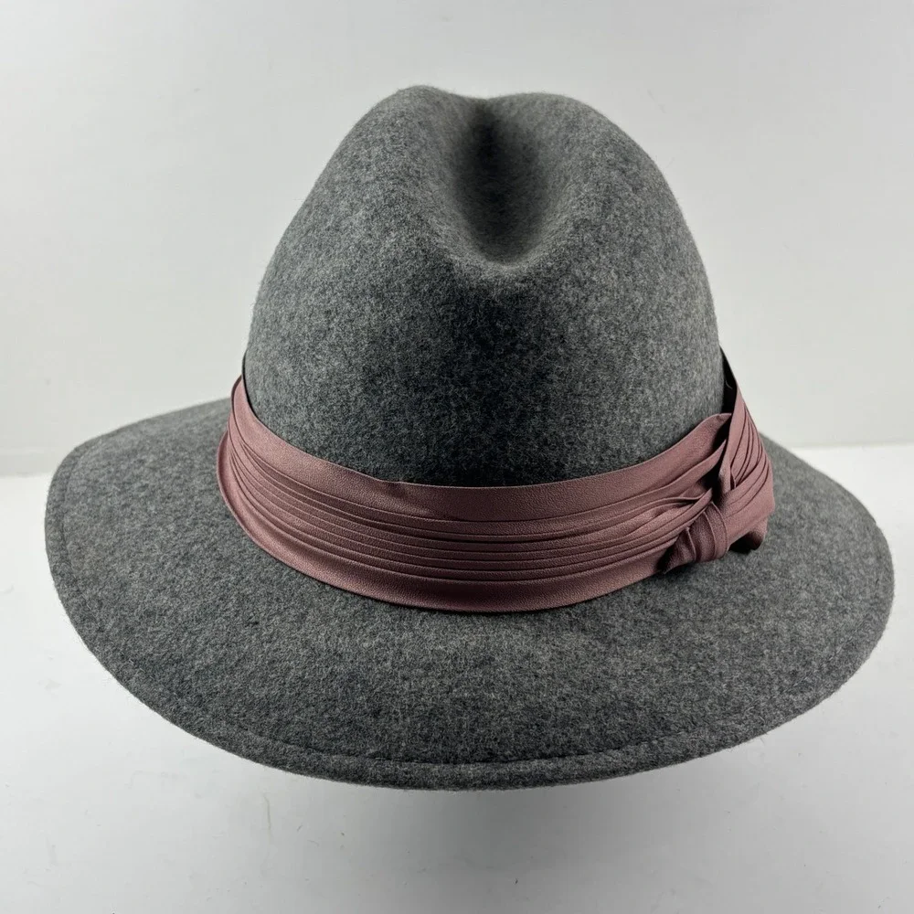 Vtg Doeskin Felt Fedora Hat Womens OS Grey Wool Mauve Ribbon 80's Retro